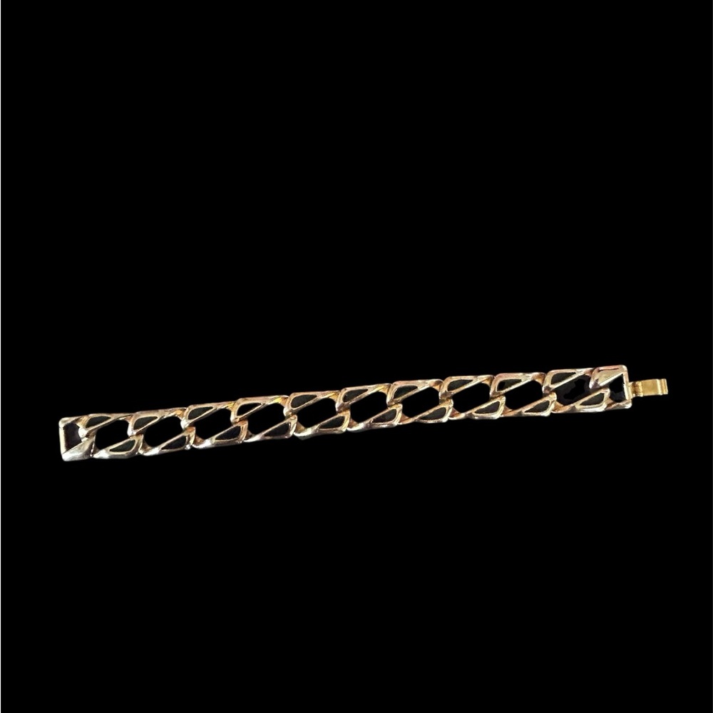 Vintage Gold Tone Geometric Open Link Chain Bracelet with Black Enamel Detail - Picture 6 of 6